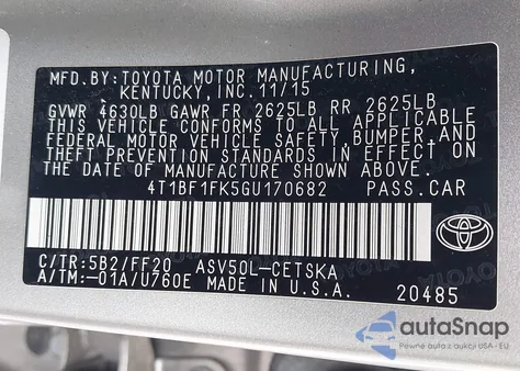 2016 Toyota Camry Se from USA, damaged, VIN 4T1BF1FK5GU170682